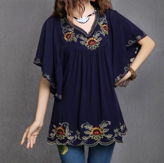 Floral Embroidery Boho Style Batwing Sleeve V-Neck Befree Blouse - My She Shop