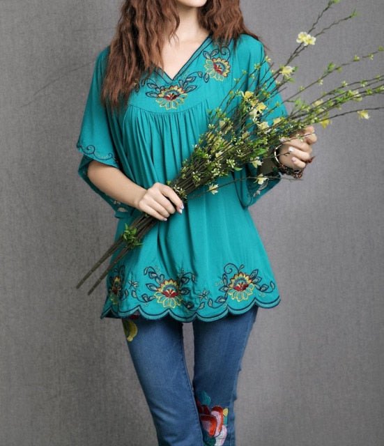 Floral Embroidery Boho Style Batwing Sleeve V-Neck Befree Blouse - My She Shop