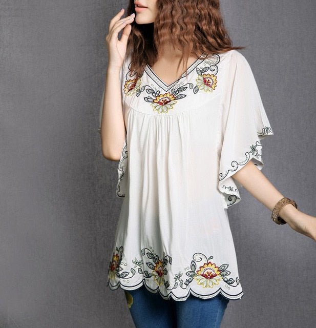 Floral Embroidery Boho Style Batwing Sleeve V-Neck Befree Blouse - My She Shop