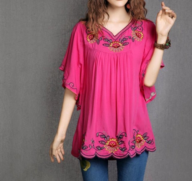 Floral Embroidery Boho Style Batwing Sleeve V-Neck Befree Blouse - My She Shop