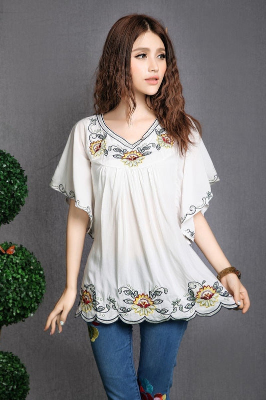 Floral Embroidery Boho Style Batwing Sleeve V-Neck Befree Blouse - My She Shop