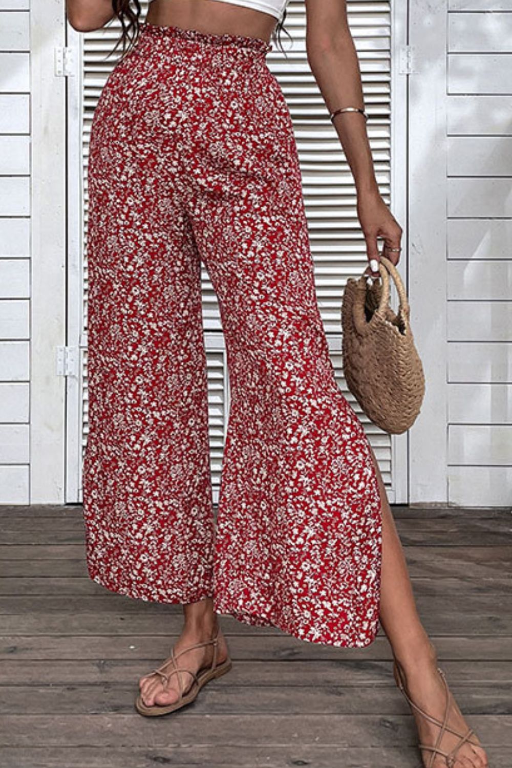 Floral Slit High Waist Wide Leg Pants - My She Shop