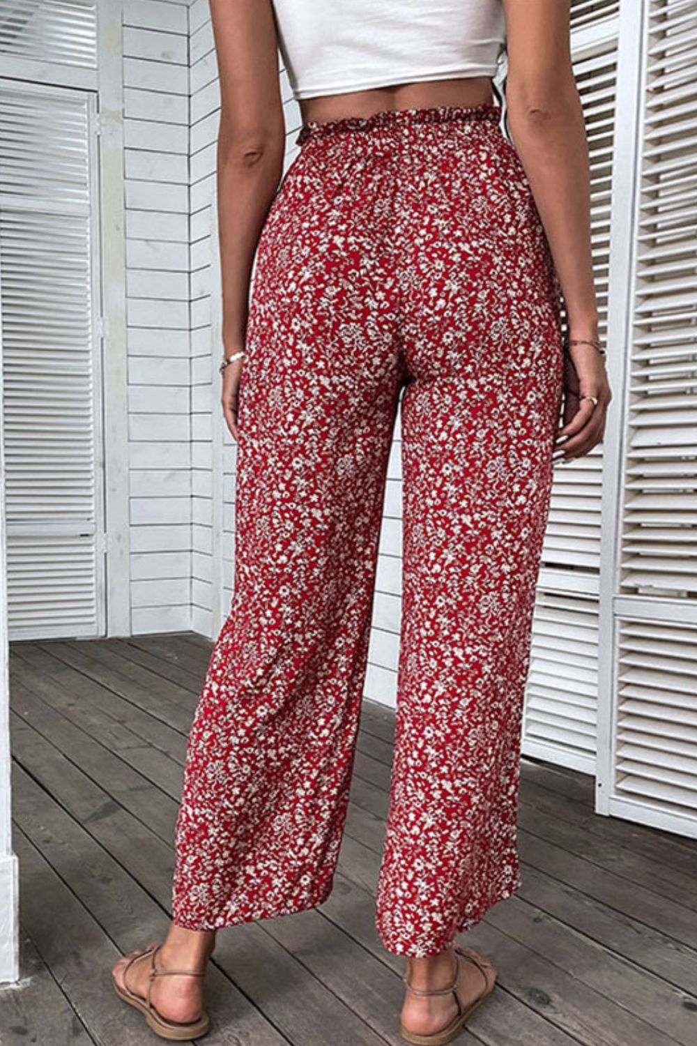 Floral Slit High Waist Wide Leg Pants - My She Shop