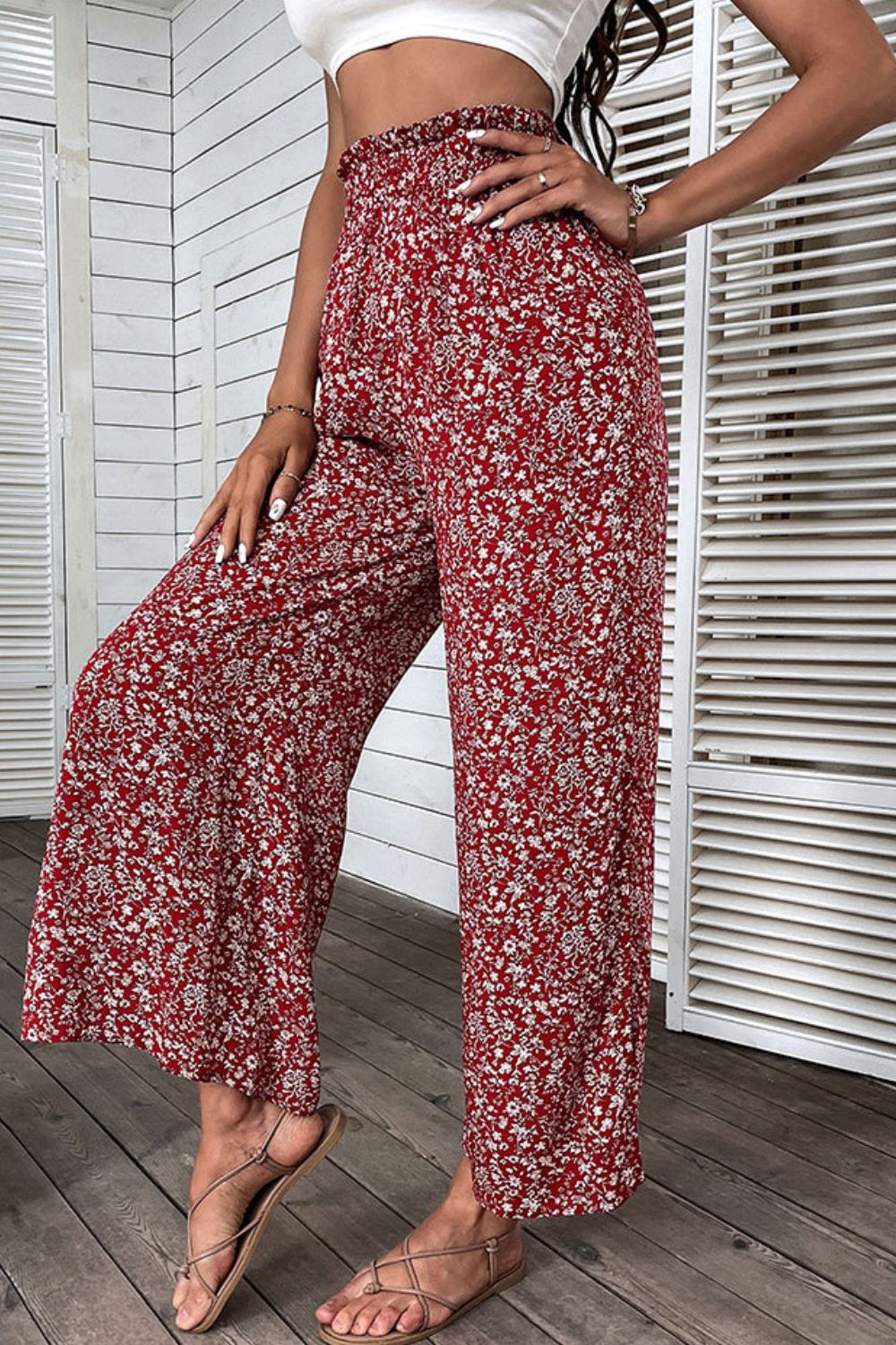 Floral Slit High Waist Wide Leg Pants - My She Shop