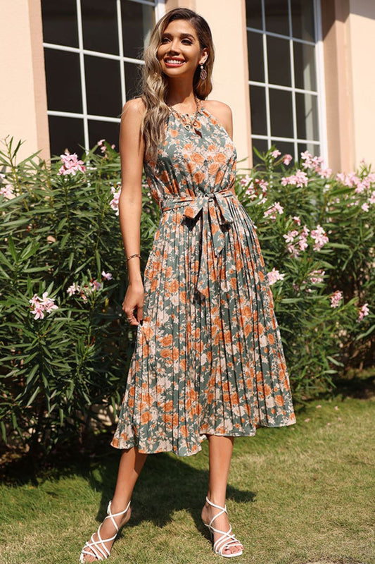 Floral Tie Waist Pleated Dress - My She Shop