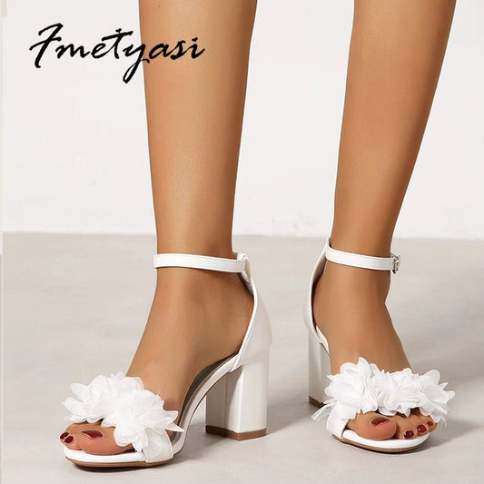 FMETYASI Floral Fluff Patent Leather Ankle Buckle Shoes - My She Shop