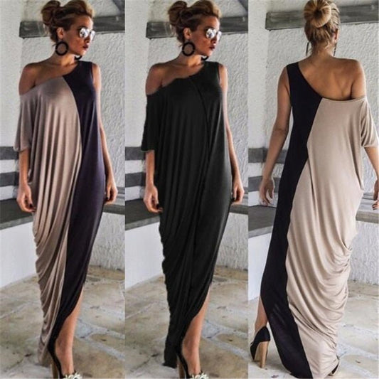 GAOKE Gorgeous Splice Contrast Panel Loose Off Shoulder Style Full Length Dress - My She Shop