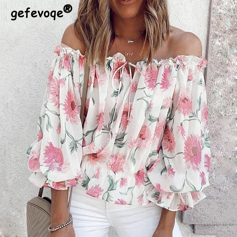 GEFEVOQE Gorgeous Street Style Floral Printed Puff Sleeve Chiffon Blouse - My She Shop