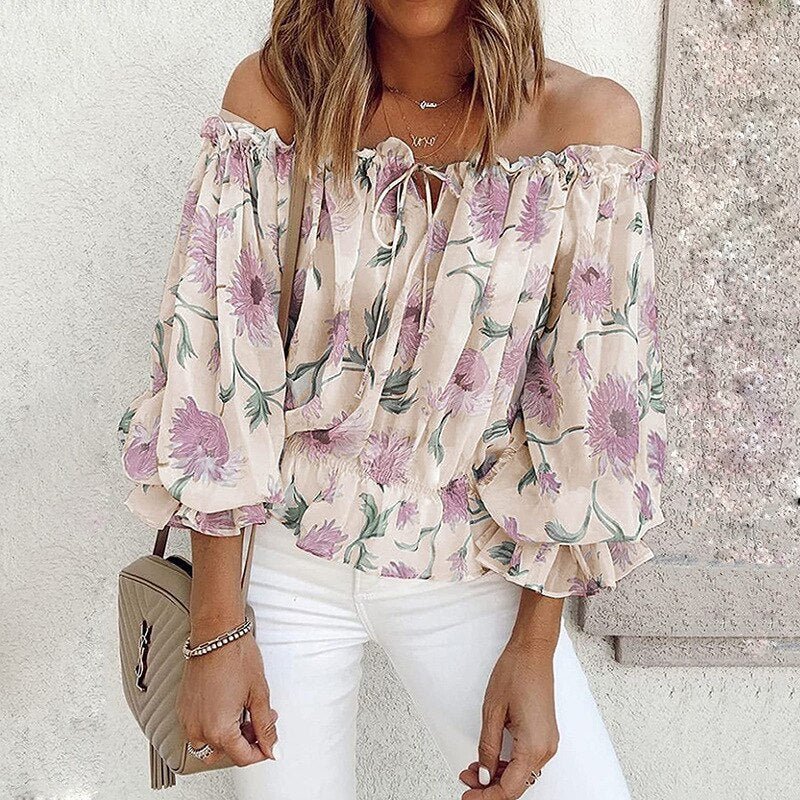 GEFEVOQE Gorgeous Street Style Floral Printed Puff Sleeve Chiffon Blouse - My She Shop