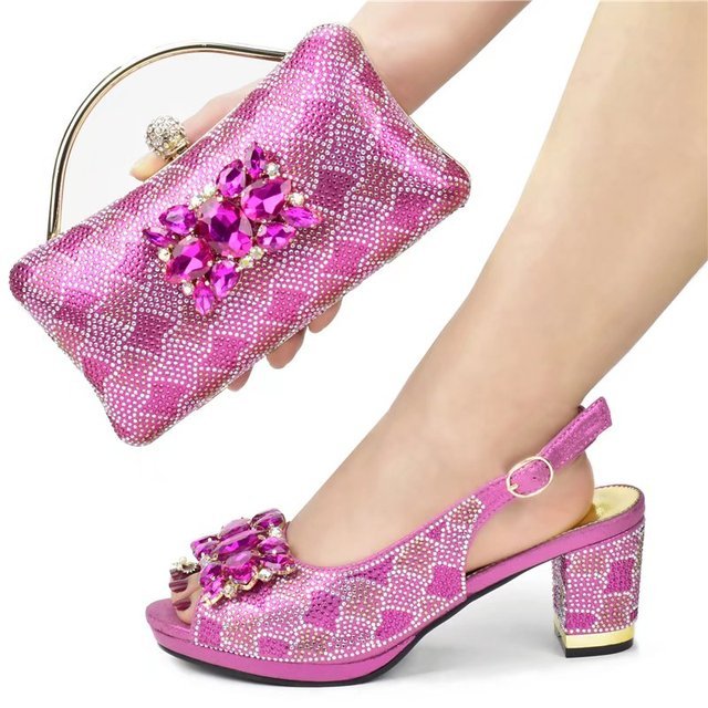 GIYU Gorgeous Peep Toe Slingback Mid Chunky Heel Shoes with Matching Bag - My She Shop