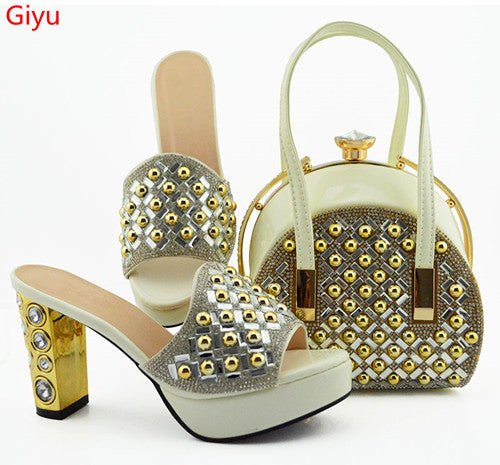 GIYU Gorgeously Studded High Quality Peep Toe Platform Shoes with Matching Bag - My She Shop