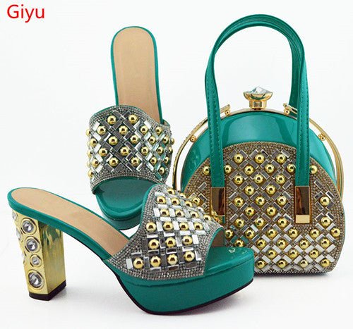 GIYU Gorgeously Studded High Quality Peep Toe Platform Shoes with Matching Bag - My She Shop