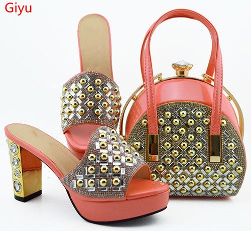 GIYU Gorgeously Studded High Quality Peep Toe Platform Shoes with Matching Bag - My She Shop