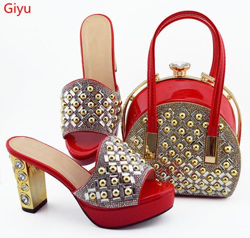 GIYU Gorgeously Studded High Quality Peep Toe Platform Shoes with Matching Bag - My She Shop