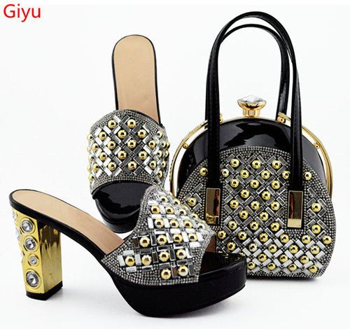 GIYU Gorgeously Studded High Quality Peep Toe Platform Shoes with Matching Bag - My She Shop