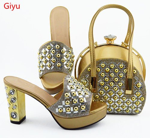 GIYU Gorgeously Studded High Quality Peep Toe Platform Shoes with Matching Bag - My She Shop