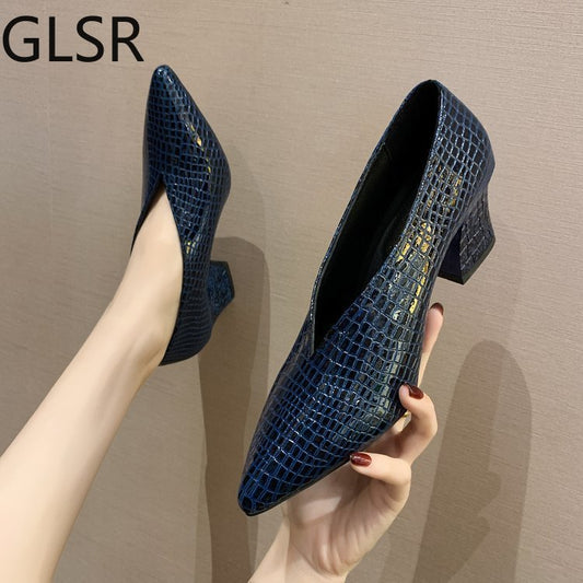 GLSR Glamorous Pointy V-Neck Faux Leather Thin or Thick Heel Shoes - My She Shop