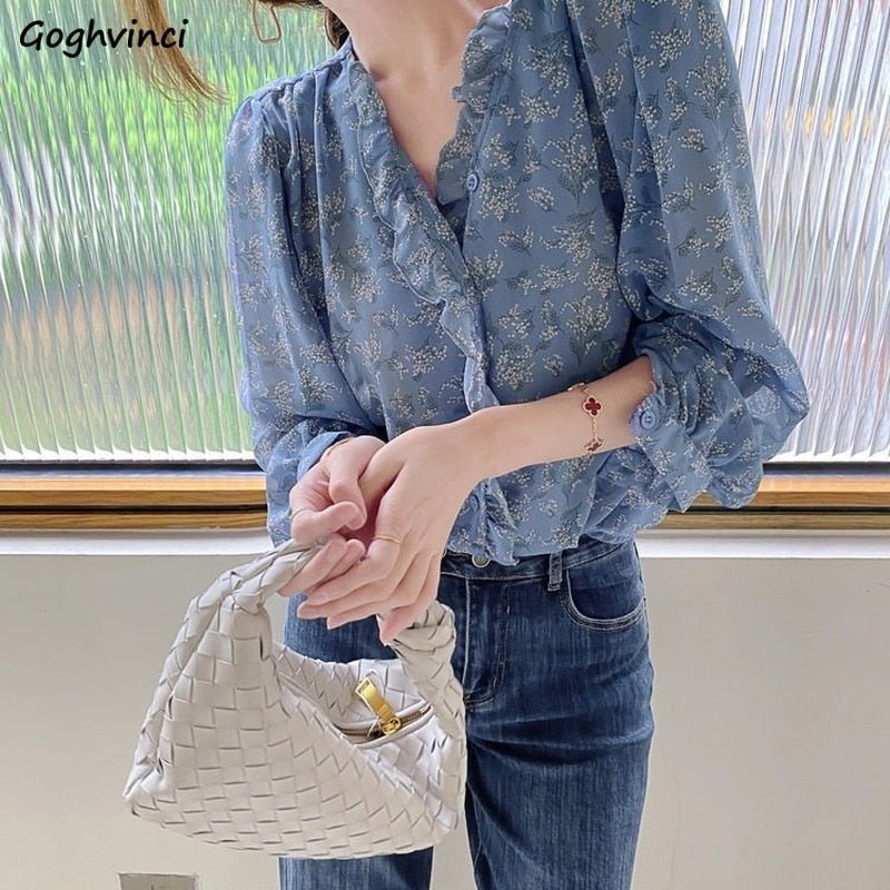 GOGHVINCI Soft Chiffon Ruffled Collar Floral Printed Lantern Sleeve Blouse - My She Shop