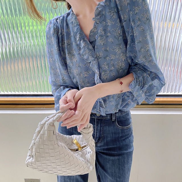 GOGHVINCI Soft Chiffon Ruffled Collar Floral Printed Lantern Sleeve Blouse - My She Shop