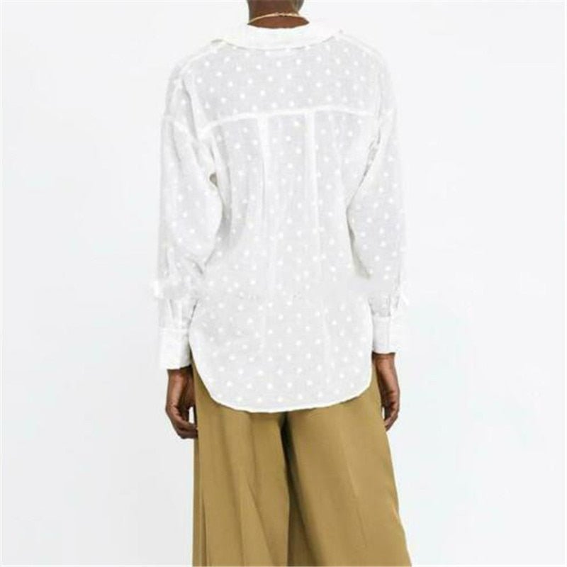 GOOCHEER Soft Swiss Dot Sheer White Long Sleeve Shirt - My She Shop