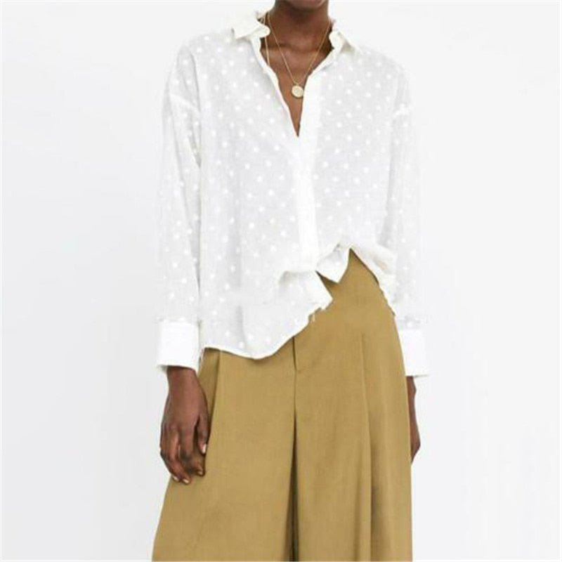 GOOCHEER Soft Swiss Dot Sheer White Long Sleeve Shirt - My She Shop