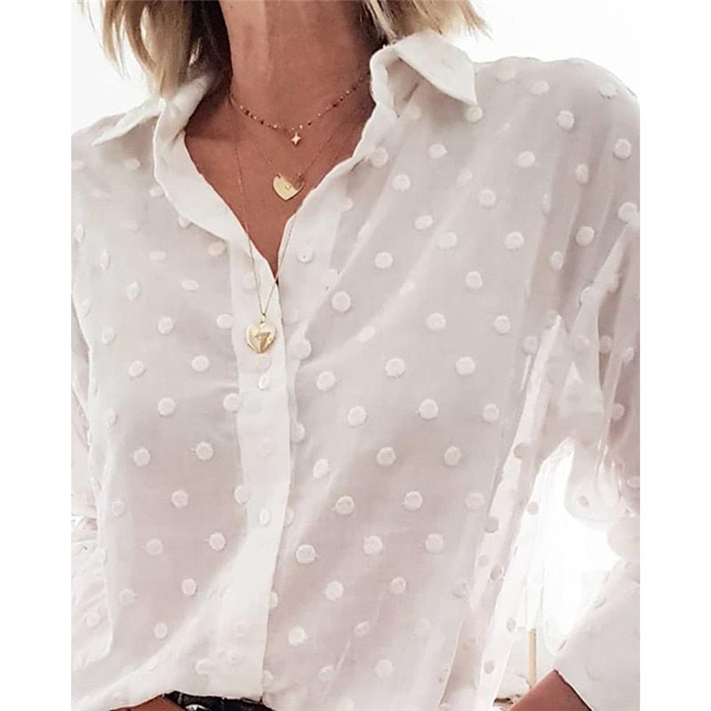 GOOCHEER Soft Swiss Dot Sheer White Long Sleeve Shirt - My She Shop