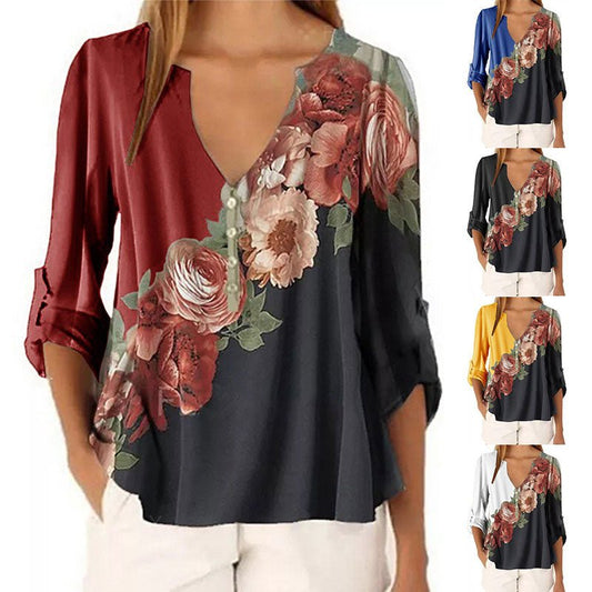 HAIN Chiffon Floral Button Boho Style Long Full Sleeve Plus Size Blouse - My She Shop