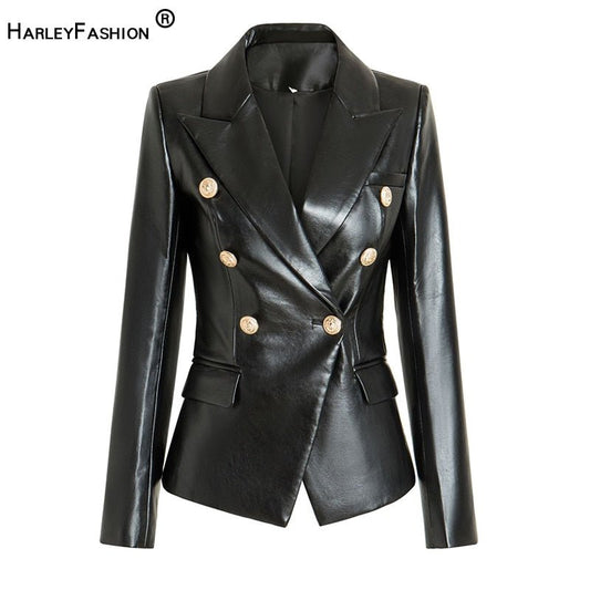 HARLEYFASHION Double-Breasted Faux Leather Gold Buttons Slim Black Blazer Jacket - My She Shop