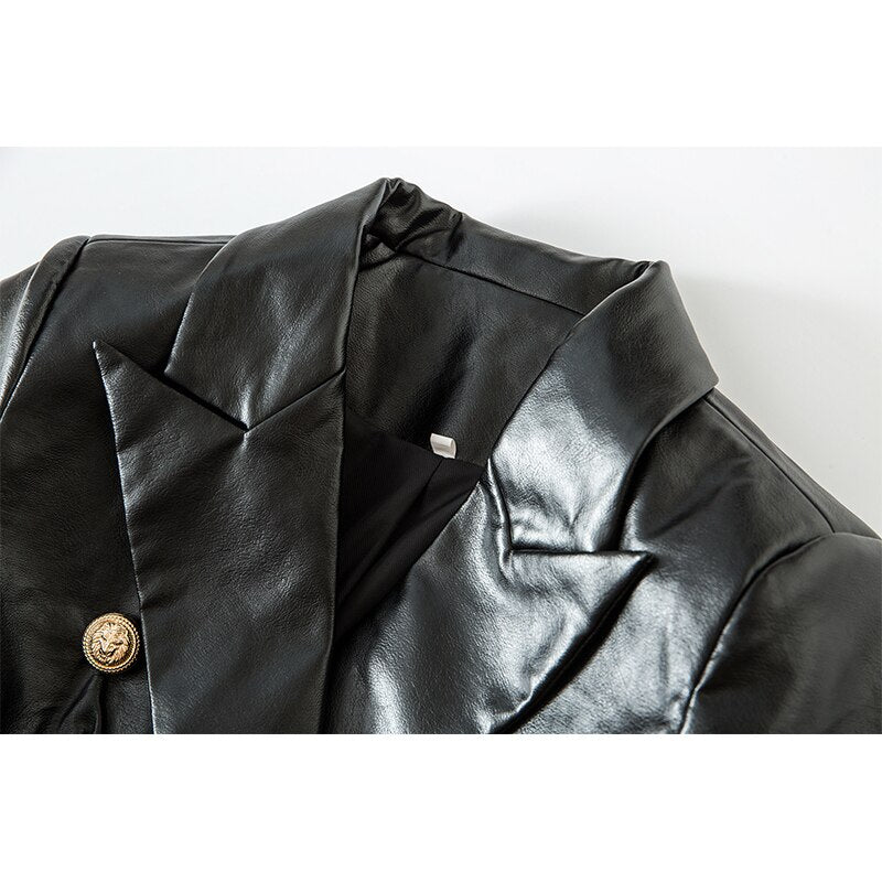 HARLEYFASHION Double-Breasted Faux Leather Gold Buttons Slim Black Blazer Jacket - My She Shop