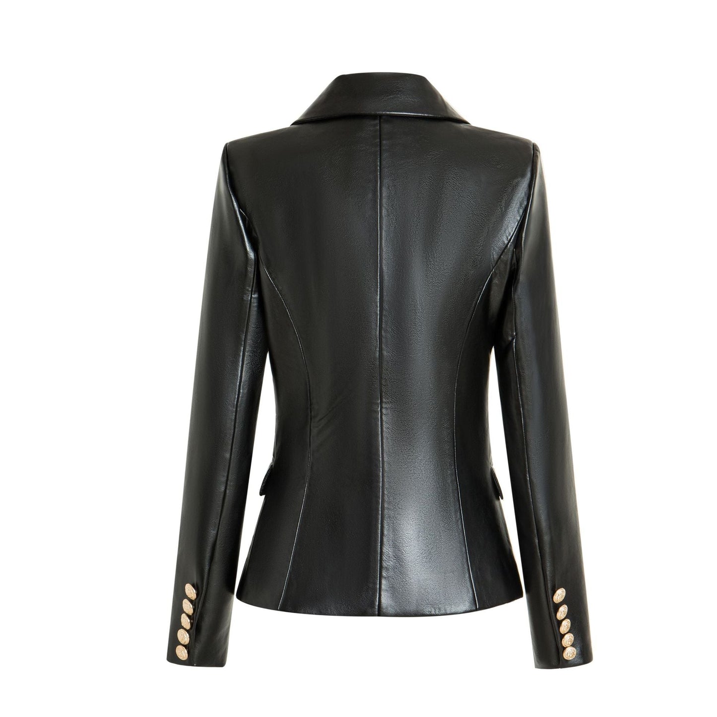 HARLEYFASHION Double-Breasted Faux Leather Gold Buttons Slim Black Blazer Jacket - My She Shop