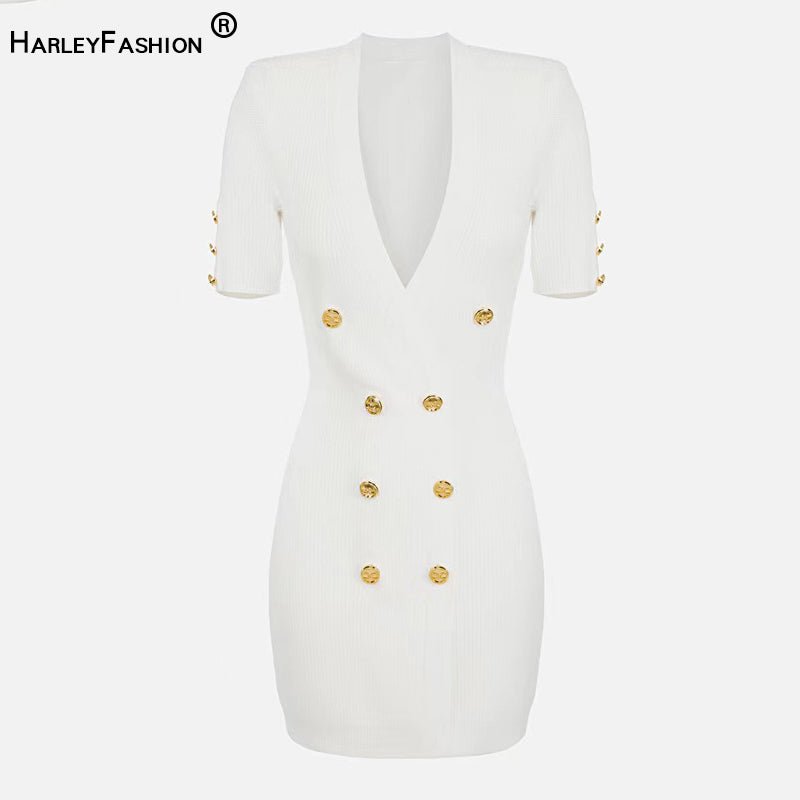 HARLEYFASHION Sheath Deep V Double Breasted Mini Dress - My She Shop