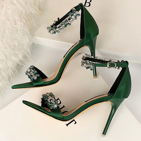 HENGSCARYING Hot Crystal Design Super High Stiletto Heel Satin Strap Shoes - My She Shop