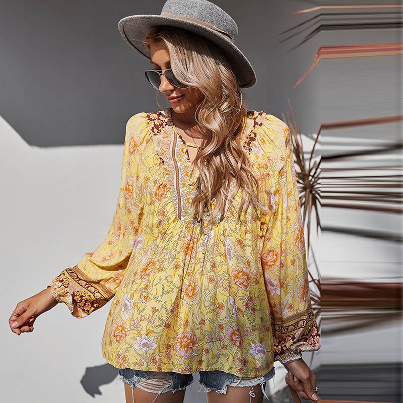 HILORILL Bohemian Style Floral Loose Long Sleeve Print Blouse - My She Shop