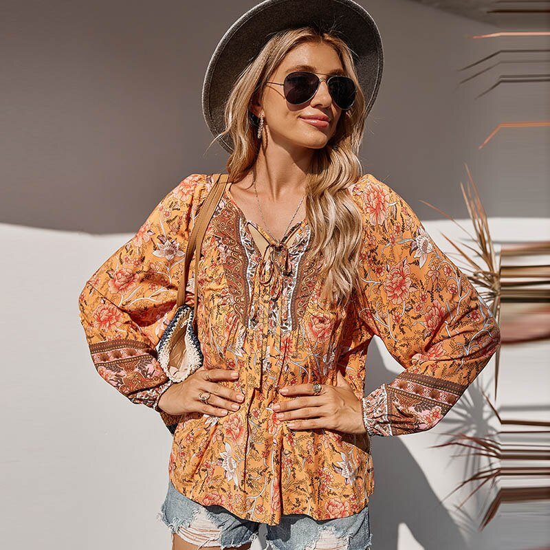 HILORILL Bohemian Style Floral Loose Long Sleeve Print Blouse - My She Shop