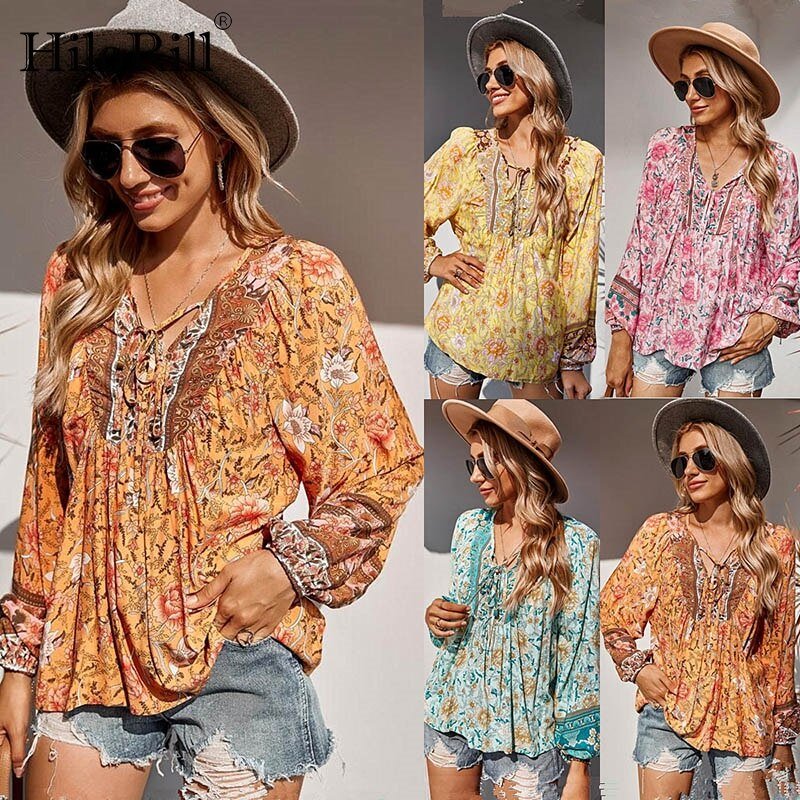 HILORILL Bohemian Style Floral Loose Long Sleeve Print Blouse - My She Shop