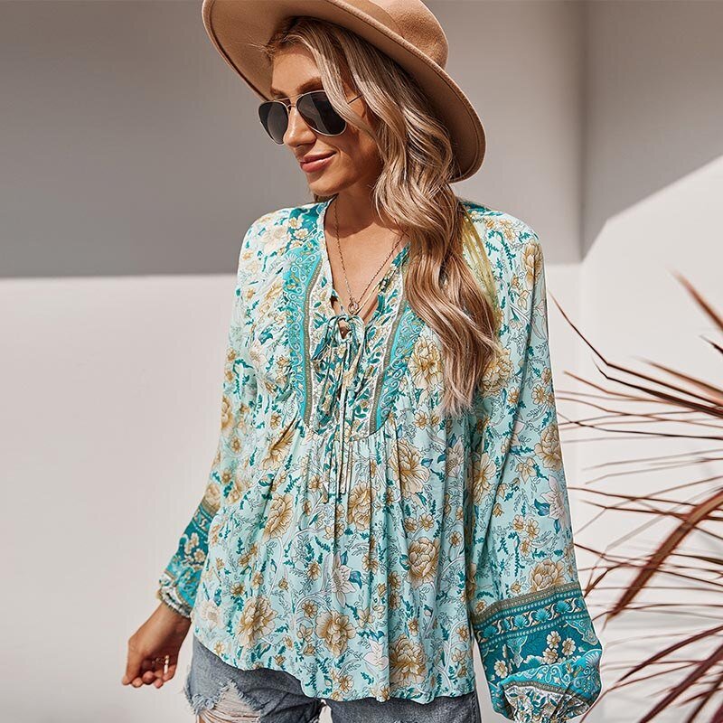 HILORILL Bohemian Style Floral Loose Long Sleeve Print Blouse - My She Shop