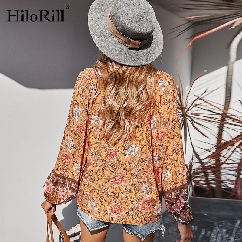 HILORILL Bohemian Style Floral Loose Long Sleeve Print Blouse - My She Shop