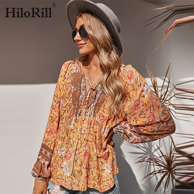 HILORILL Bohemian Style Floral Loose Long Sleeve Print Blouse - My She Shop