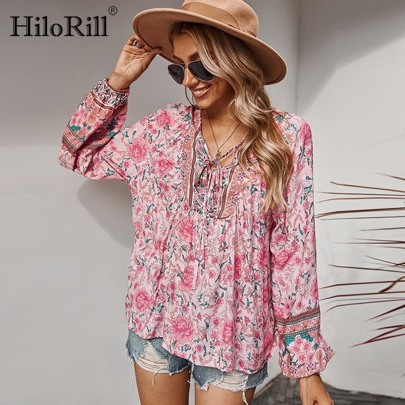 HILORILL Bohemian Style Floral Loose Long Sleeve Print Blouse - My She Shop