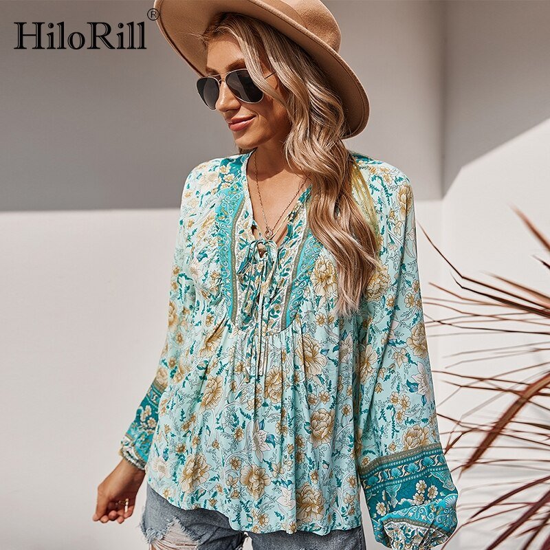 HILORILL Bohemian Style Floral Loose Long Sleeve Print Blouse - My She Shop