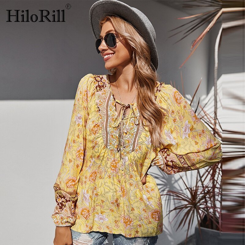 HILORILL Bohemian Style Floral Loose Long Sleeve Print Blouse - My She Shop