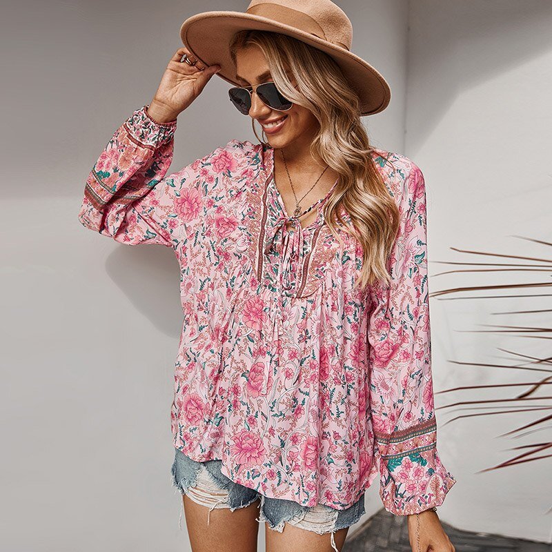 HILORILL Bohemian Style Floral Loose Long Sleeve Print Blouse - My She Shop