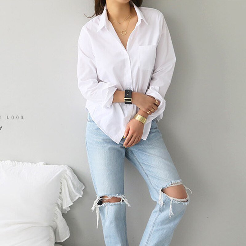 HILORILL Cotton-Poly Blend Casual White Button-Down Blouse - My She Shop