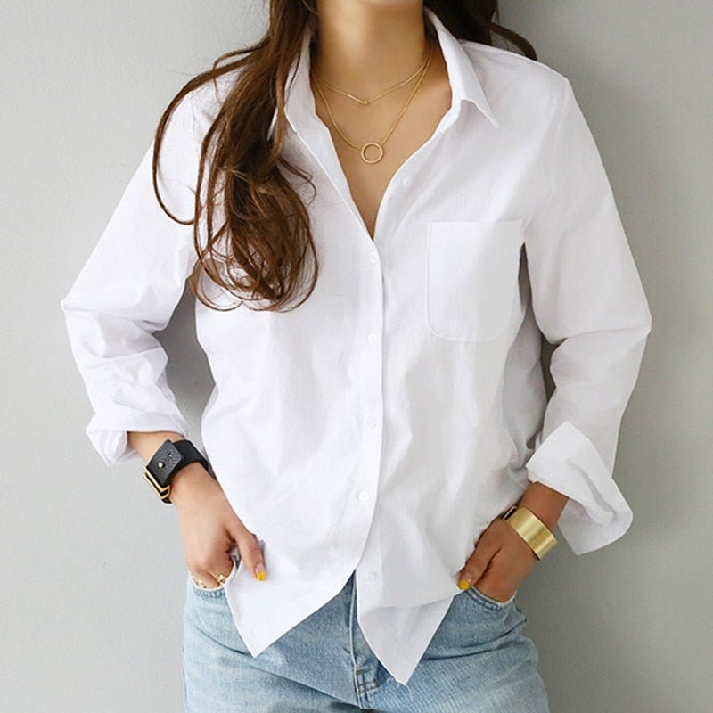 HILORILL Cotton-Poly Blend Casual White Button-Down Blouse - My She Shop