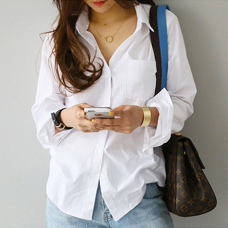 HILORILL Cotton-Poly Blend Casual White Button-Down Blouse - My She Shop