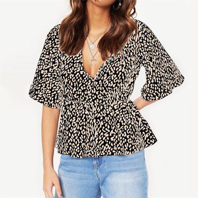 HILORILL Deep V-Neck Wrap Flare Sleeve Blouse - My She Shop