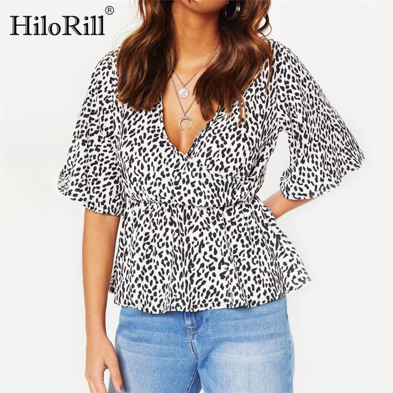 HILORILL Deep V-Neck Wrap Flare Sleeve Blouse - My She Shop