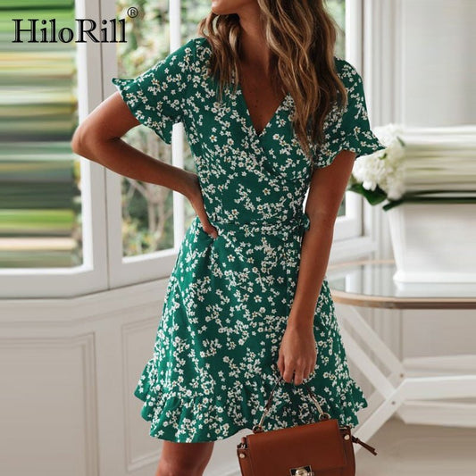 HILORILL Floral Print V-Neck Chiffon-Poly Wrap Mini Dress - My She Shop