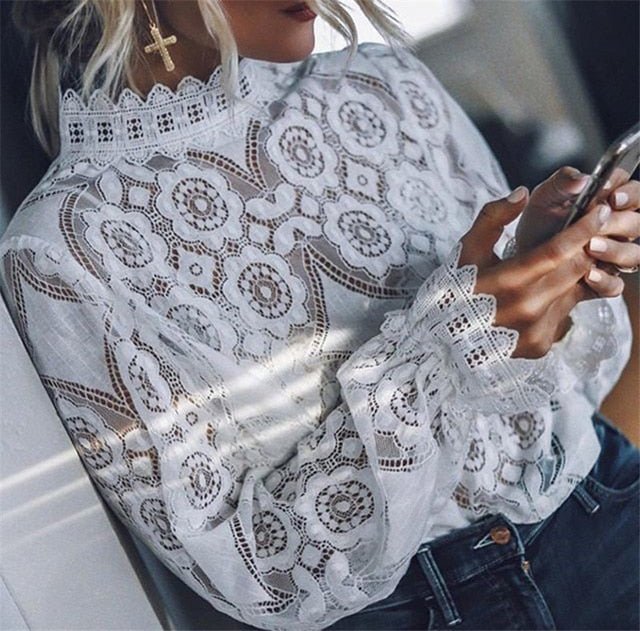 HIRIGIN Boho Style Long Sleeve Lace White Hollow Out Top - My She Shop