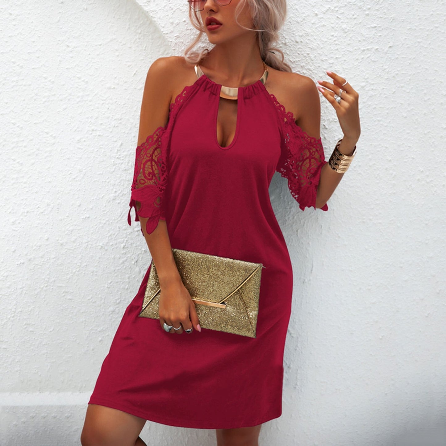 Hot Halter Style Lace Drop Sleeves Mini Dress - My She Shop